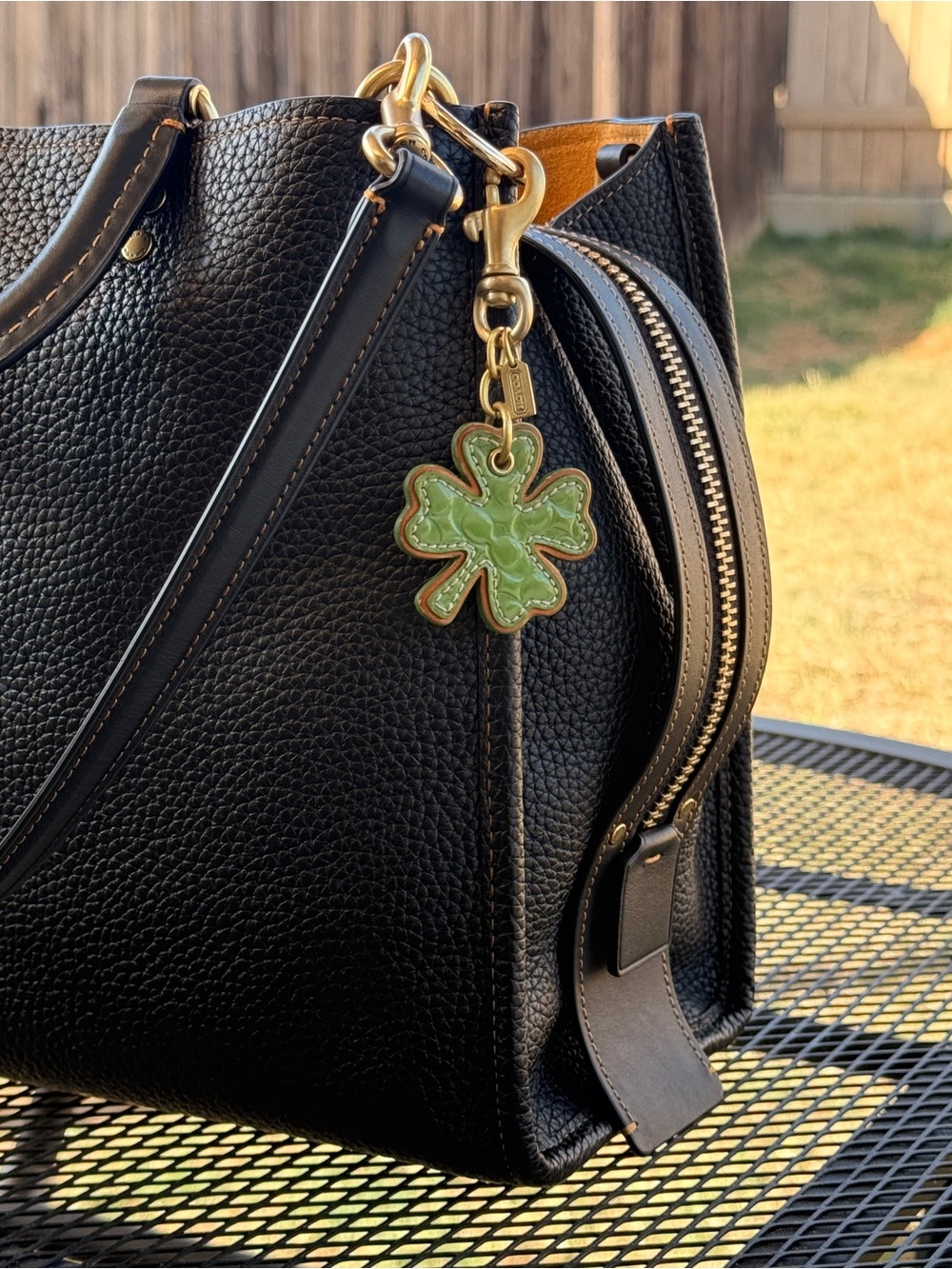 Coach Leather Lucky 4 Leaf Clover St Patrick Keychain Dog Leash Clasp Bag Charm